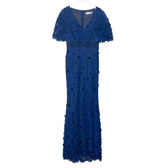 Mac Duggal - 67712 V Neck Bell Sleeve Lace Dress Size 4 Navy Blue NWT - Picture 2 of 8